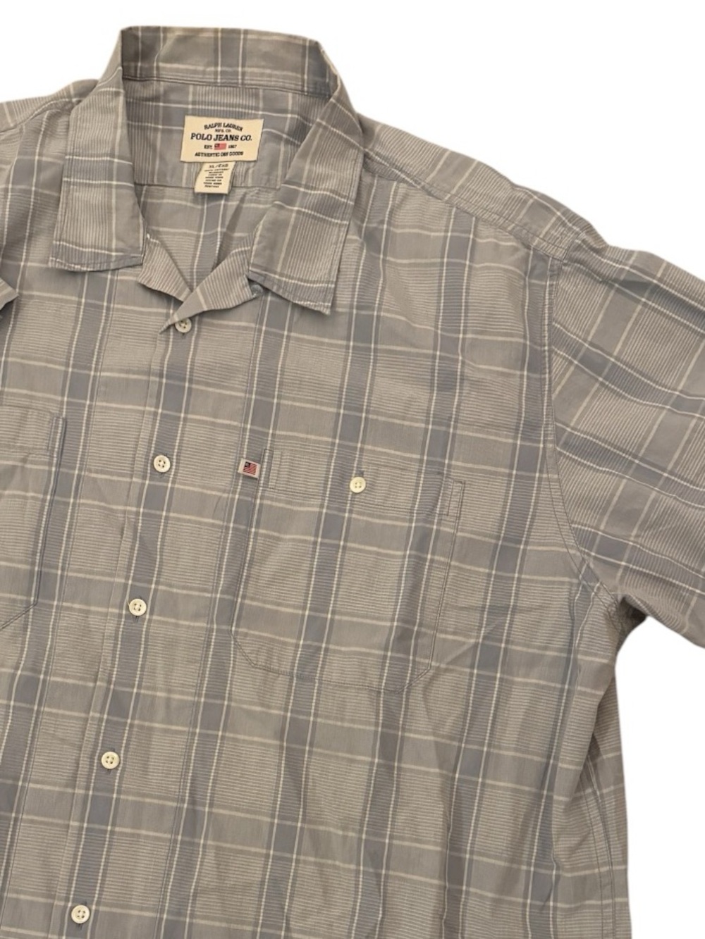 🇺🇸VTG Polo Ralph Lauren Gray Blue Plaid Short-Sleeve Casual Button Down Shirt XL